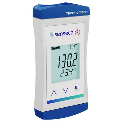 Un thermomètre numérique affiche deux températures : « 130,2 °C » et « 23,4 °C ». Le nom de la marque « Senseca » est visible sur l'appareil.