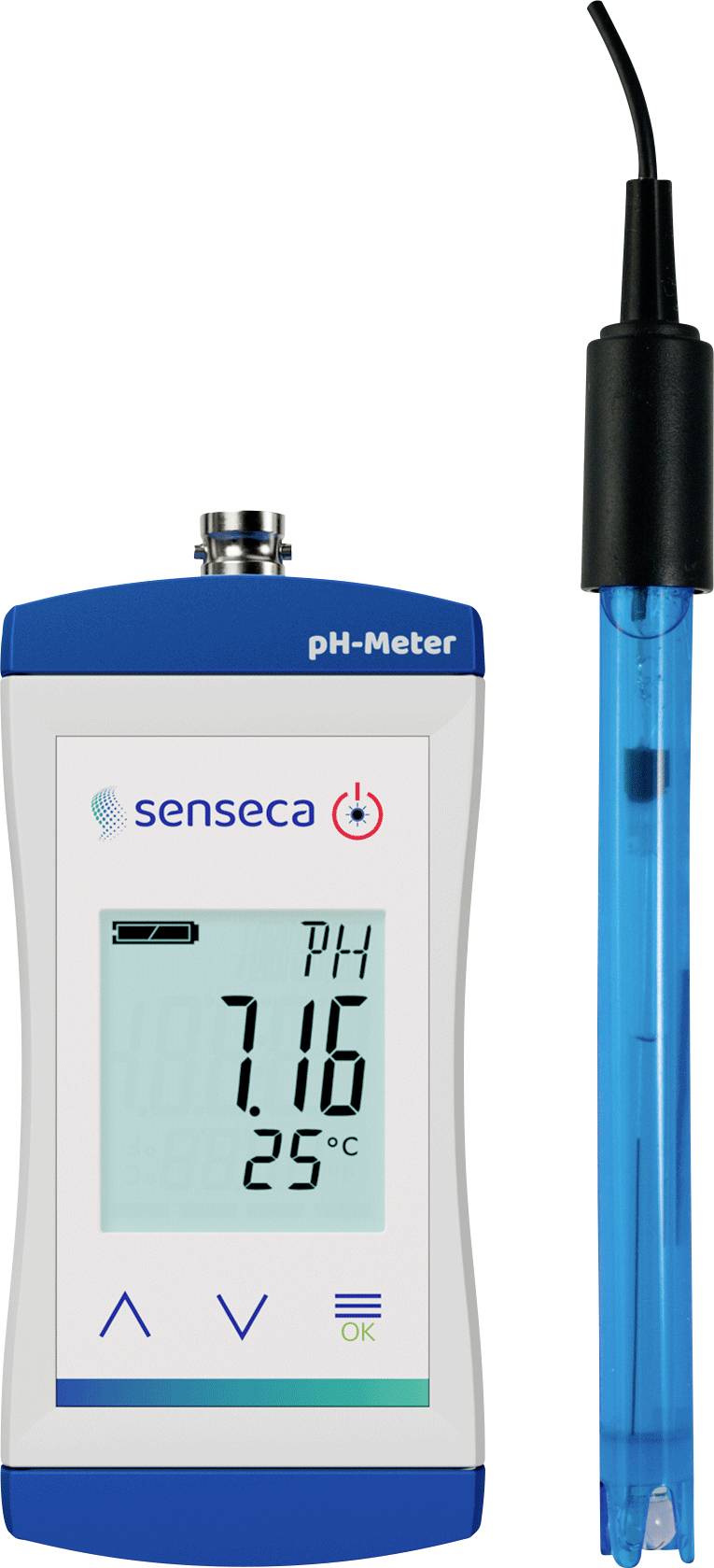 Un pH-mètre numérique affichant une lecture de pH de 7,16 et une température de 25 °C. L'appareil est équipé d'une sonde pour la mesure de liquides.