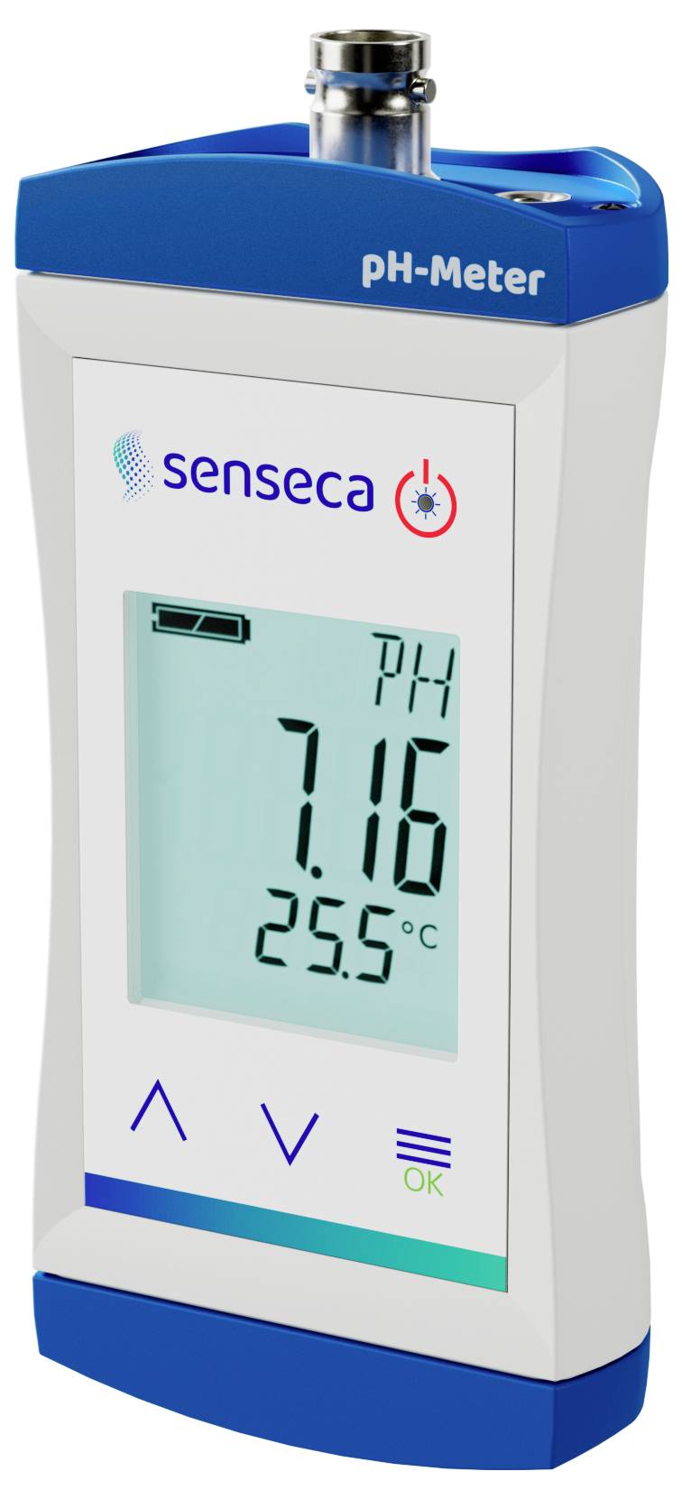 Appareil portable de mesure de pH numérique affichant un pH de 7,16 et une température de 25,5 °C, avec un design bleu et blanc.