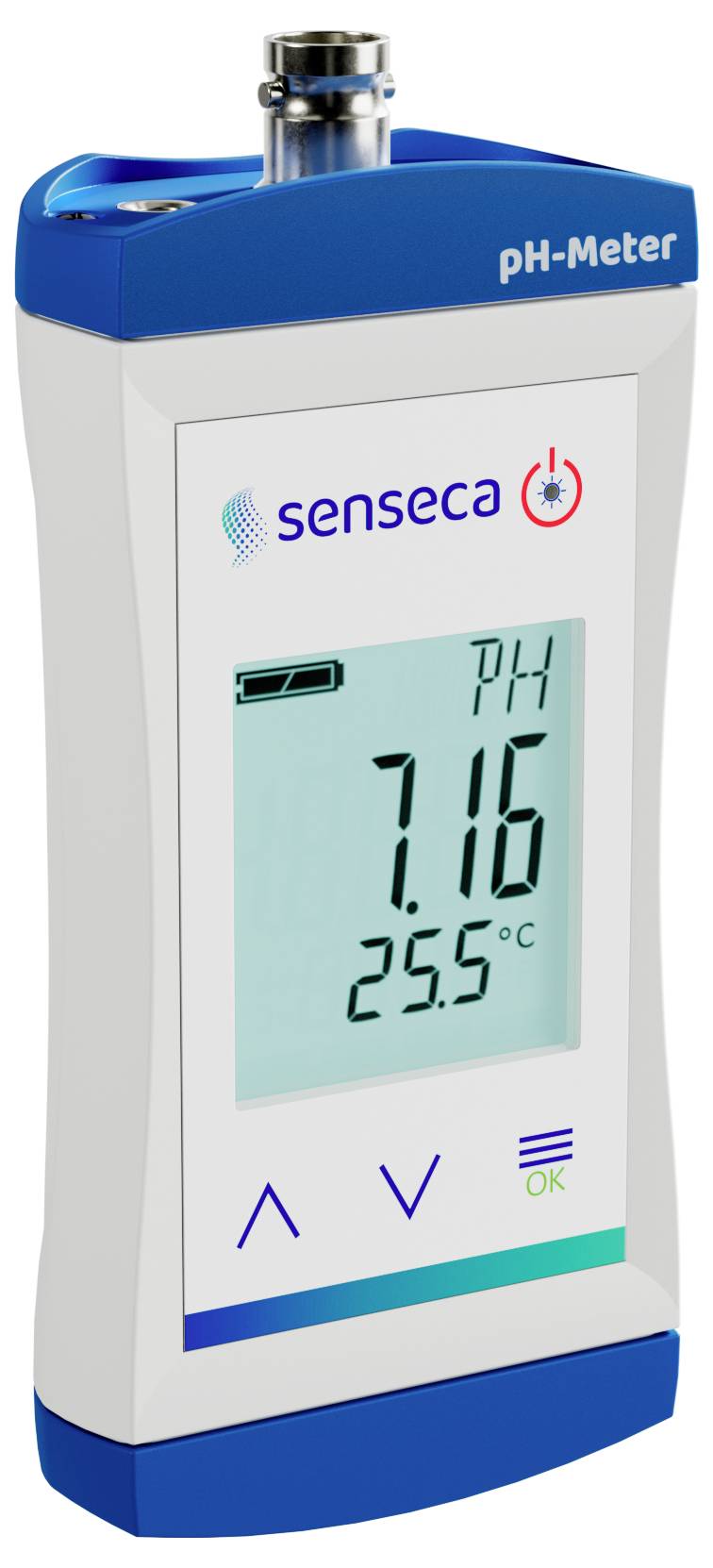 Un pH-mètre numérique affichant une valeur de pH de 7,16 et une température de 25,5 °C, étiqueté « senseca », avec un design bleu et blanc.