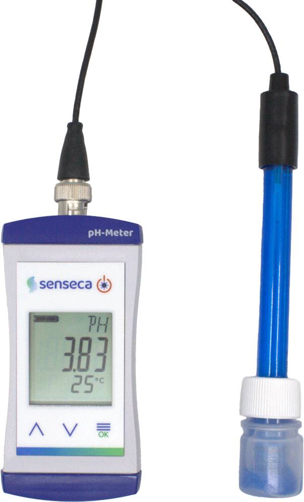 Un appareil de mesure de pH numérique affichant '3,83' pH et '25°C', relié à une électrode bleue par un câble.