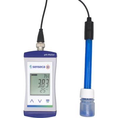 Un appareil de mesure de pH numérique affichant '3,83' pH et '25°C', relié à une électrode bleue par un câble.