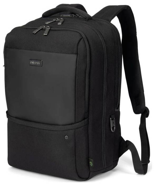 Sac à dos noir avec plusieurs poches et fermetures éclair, adapté pour les voyages ou l'usage quotidien.