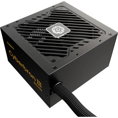 Un bloc d'alimentation (PSU) noir étiqueté « Cyberbron III » avec un ventilateur visible et des câbles connectés, conçu pour l'installation de matériel informatique.