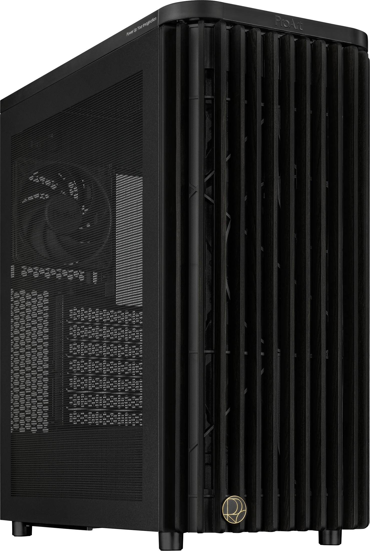 Un boîtier d'ordinateur noir avec des panneaux en maille pour la ventilation et un logo vertical au bas de la façade avant.