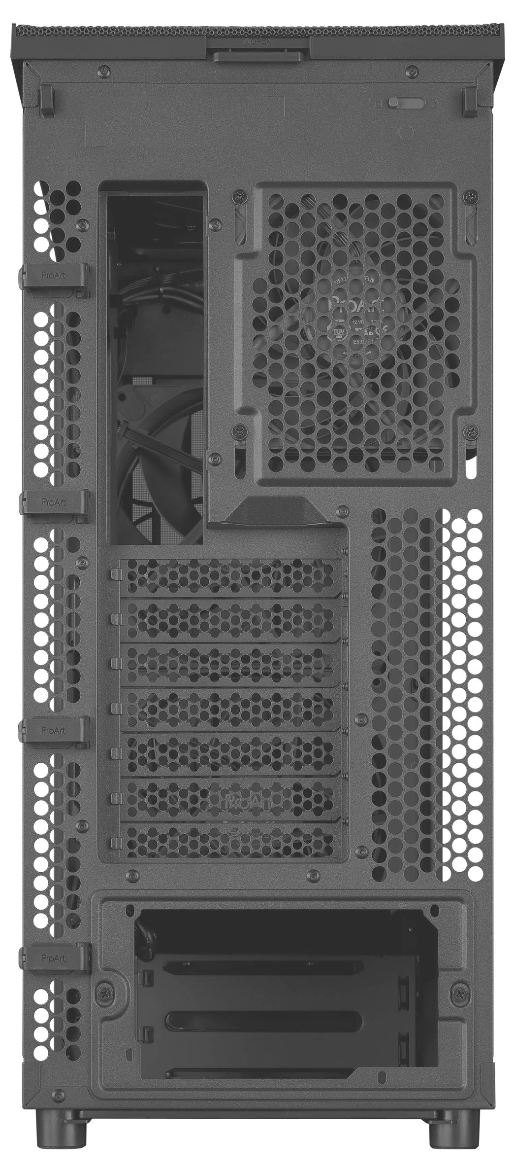 Vue arrière d'un boîtier d'ordinateur montrant la grille de ventilation, les emplacements d'extension et la zone d'alimentation électrique.