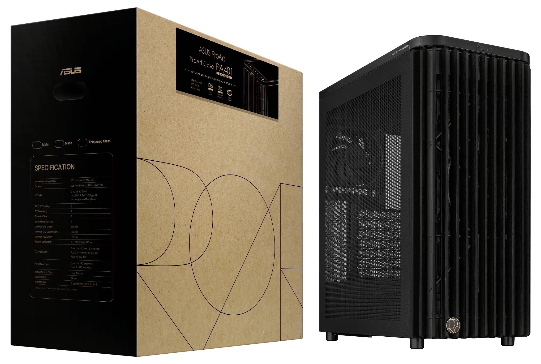 Un boîtier d'ordinateur noir avec un design en maille à l'avant est présenté à côté d'un carton marron ASUS ProArt étiqueté « Code de modèle : PA01 ».