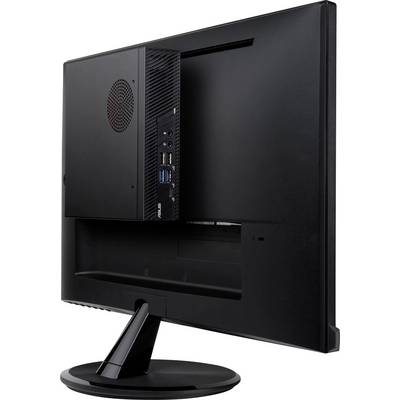 Un moniteur d'ordinateur noir avec un mini-PC amovible à l'arrière, présentant des ports USB et audio ainsi qu'un ventilateur.