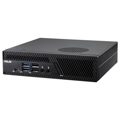 Un petit ordinateur de bureau noir avec deux ports USB-A, un port USB-C et des connexions audio à l'avant.