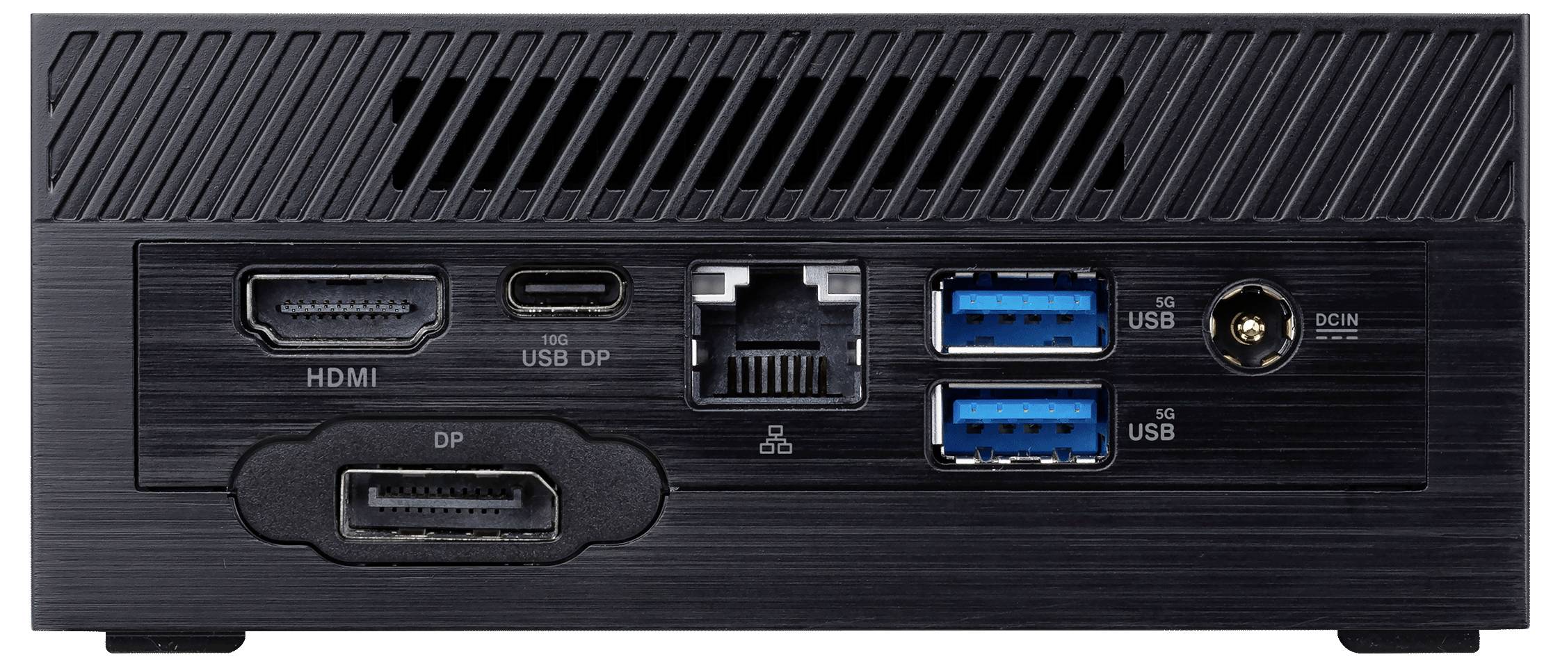 Panneau arrière d'un mini PC montrant les ports : HDMI, USB-C, Ethernet, deux ports USB 3.0, USB 2.0 et entrée d'alimentation CC.