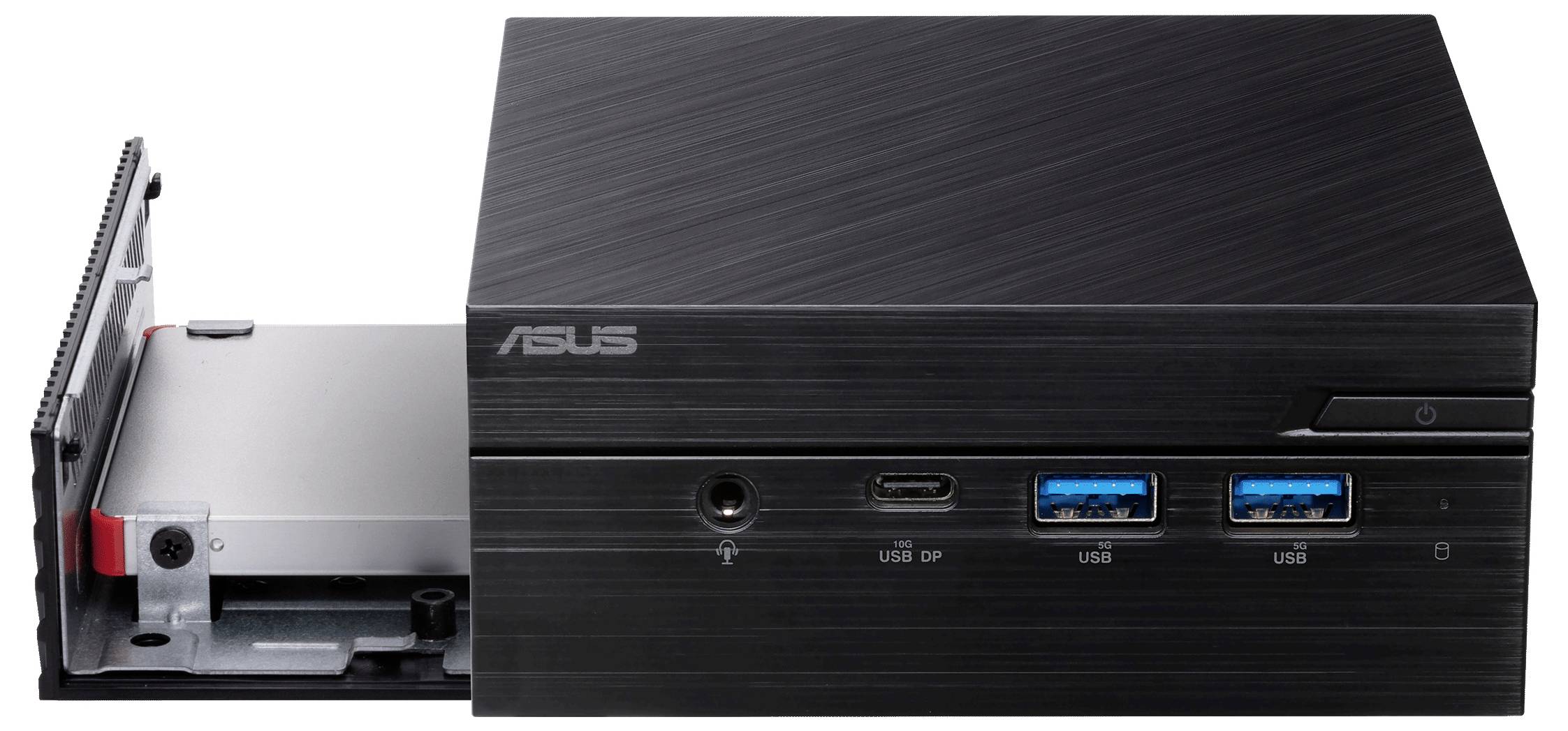 Un mini PC ASUS compact partiellement ouvert, montrant un emplacement pour un disque amovible sur le côté et des ports USB sur le panneau avant.