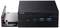 Un mini PC ASUS compact partiellement ouvert, montrant un emplacement pour un disque amovible sur le côté et des ports USB sur le panneau avant.