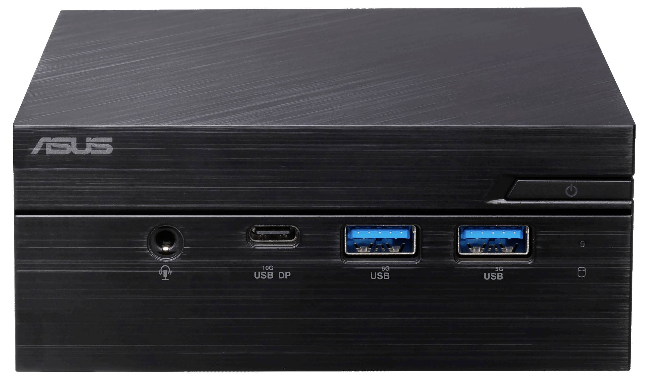 Un mini PC ASUS noir élégant doté de deux ports USB, d'un port USB-C, d'une prise audio et d'un bouton d'alimentation sur le panneau avant.