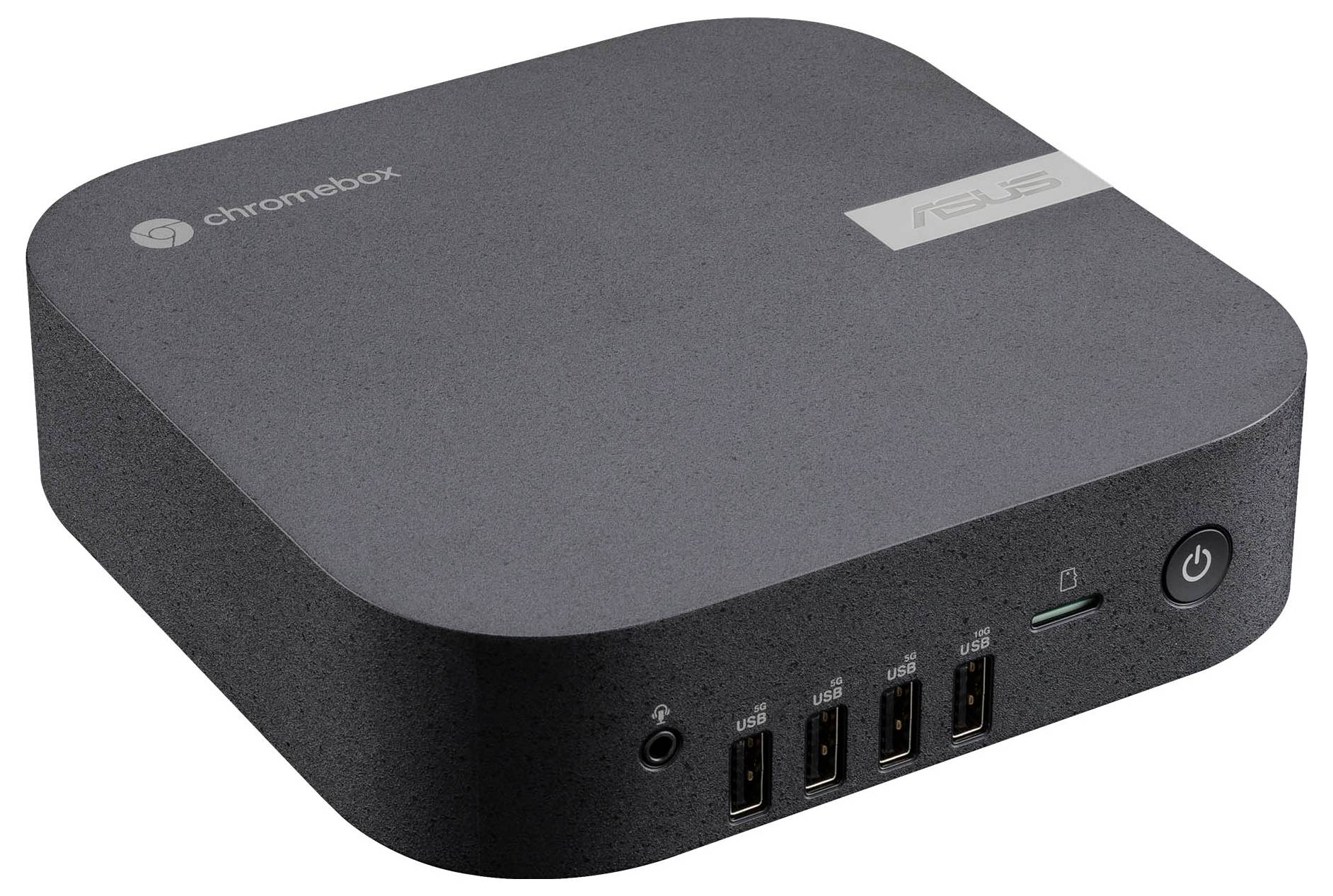 Un Chromebox gris ASUS avec quatre ports USB et un bouton marche/arrêt sur la façade, adapté pour des postes de travail compacts.