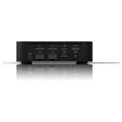 Un ordinateur noir doté de plusieurs options de connexion, comprenant trois ports DP, deux ports USB et un port HDMI.