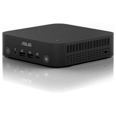 Un mini-PC noir de la marque ASUS, vue de face avec plusieurs ports USB et des fentes de ventilation sur le côté.