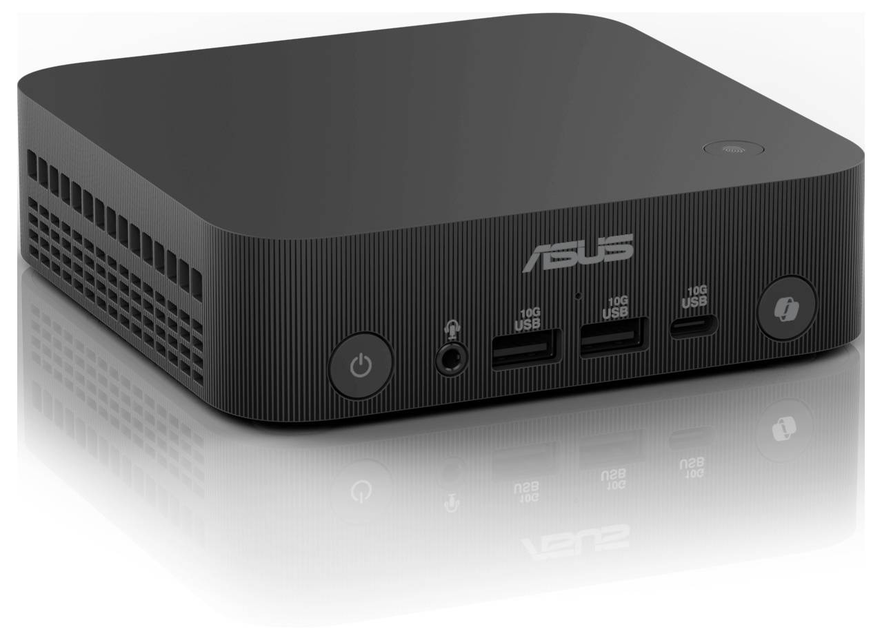 Un mini-PC noir avec logo de marque, trois ports USB, une prise casque et un bouton marche/arrêt sur la façade avant.