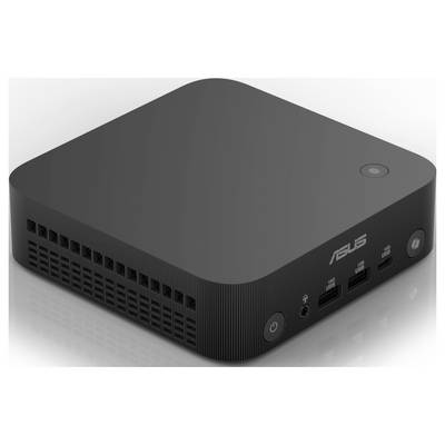 Mini-PC compact noir avec le logo 'ASUS', plusieurs ports USB et des fentes de ventilation sur les côtés.