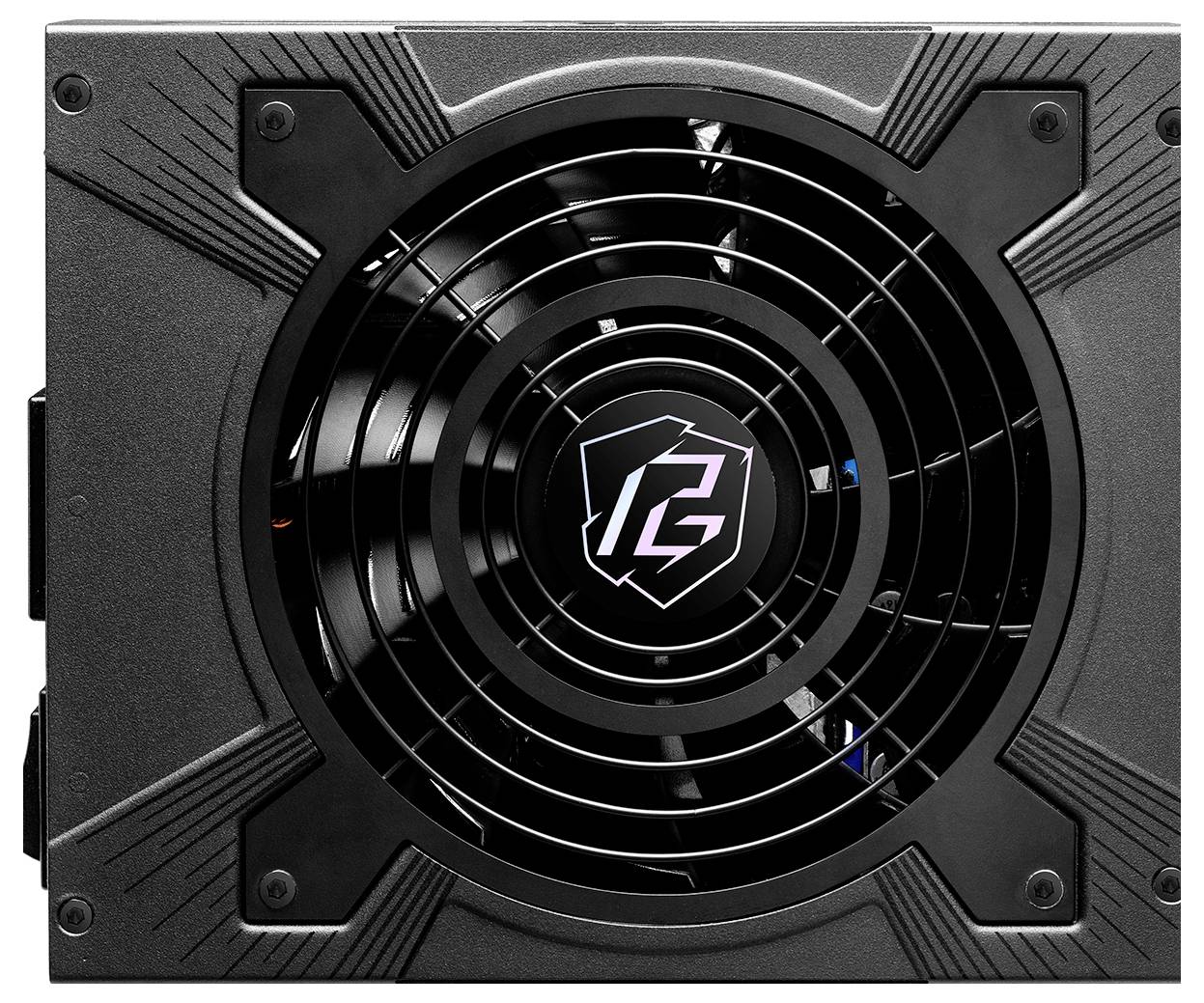 Bloc d'alimentation noir pour ordinateur avec ventilateur visible et logo au centre. Forme carrée et fentes de ventilation tout autour.