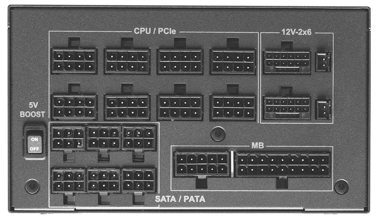 Dos d'une alimentation modulaire pour PC avec différents types de connecteurs : CPU/PCIe, SATA/PATA et MB. Interrupteur de boost 5V.