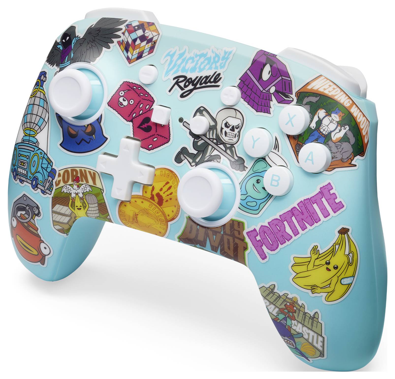 Une manette bleu clair avec des autocollants colorés, comprenant des inscriptions comme 'Victory Royale' et 'Fortnite', ainsi que divers graphiques.