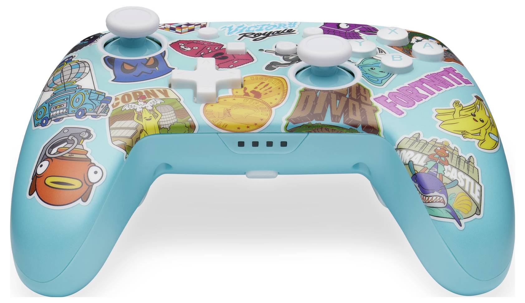 Une manette bleu et blanche, décorée d'autocollants colorés sur divers thèmes de jeux vidéo, comprenant des pièces de monnaie et des personnages de bandes dessinées.