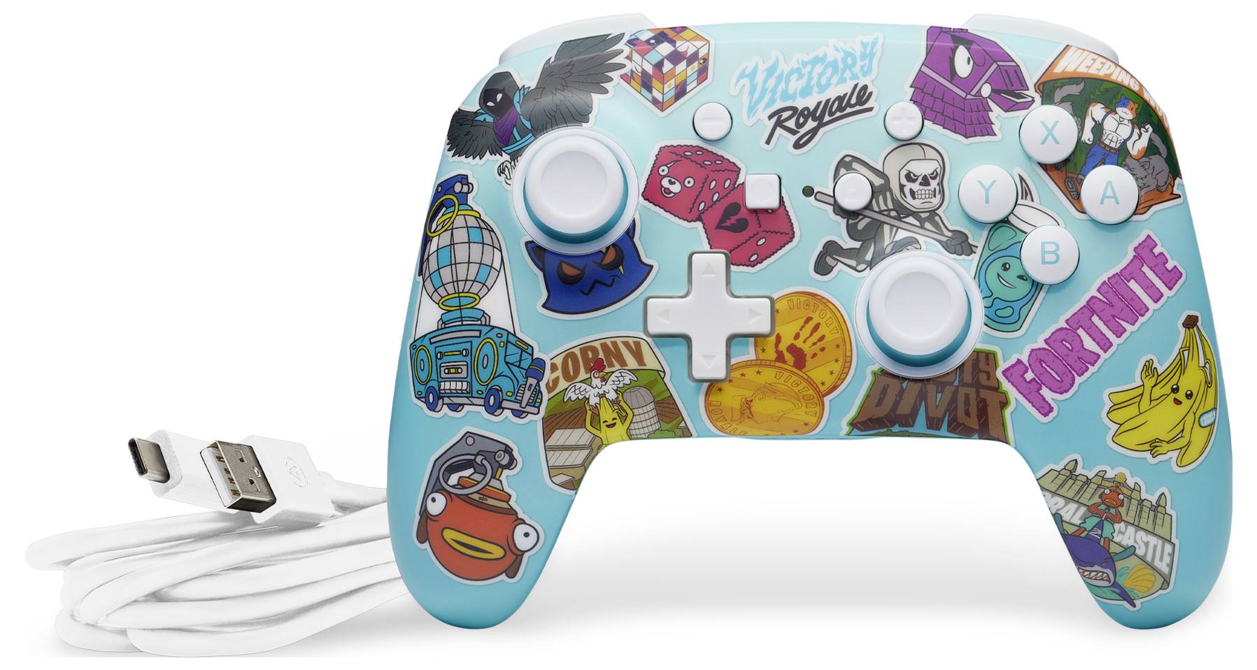 Une manette de jeu colorée avec des thèmes Fortnite, comprenant des autocollants de personnalisation iconiques et l'inscription « Victory Royale » en haut à gauche.