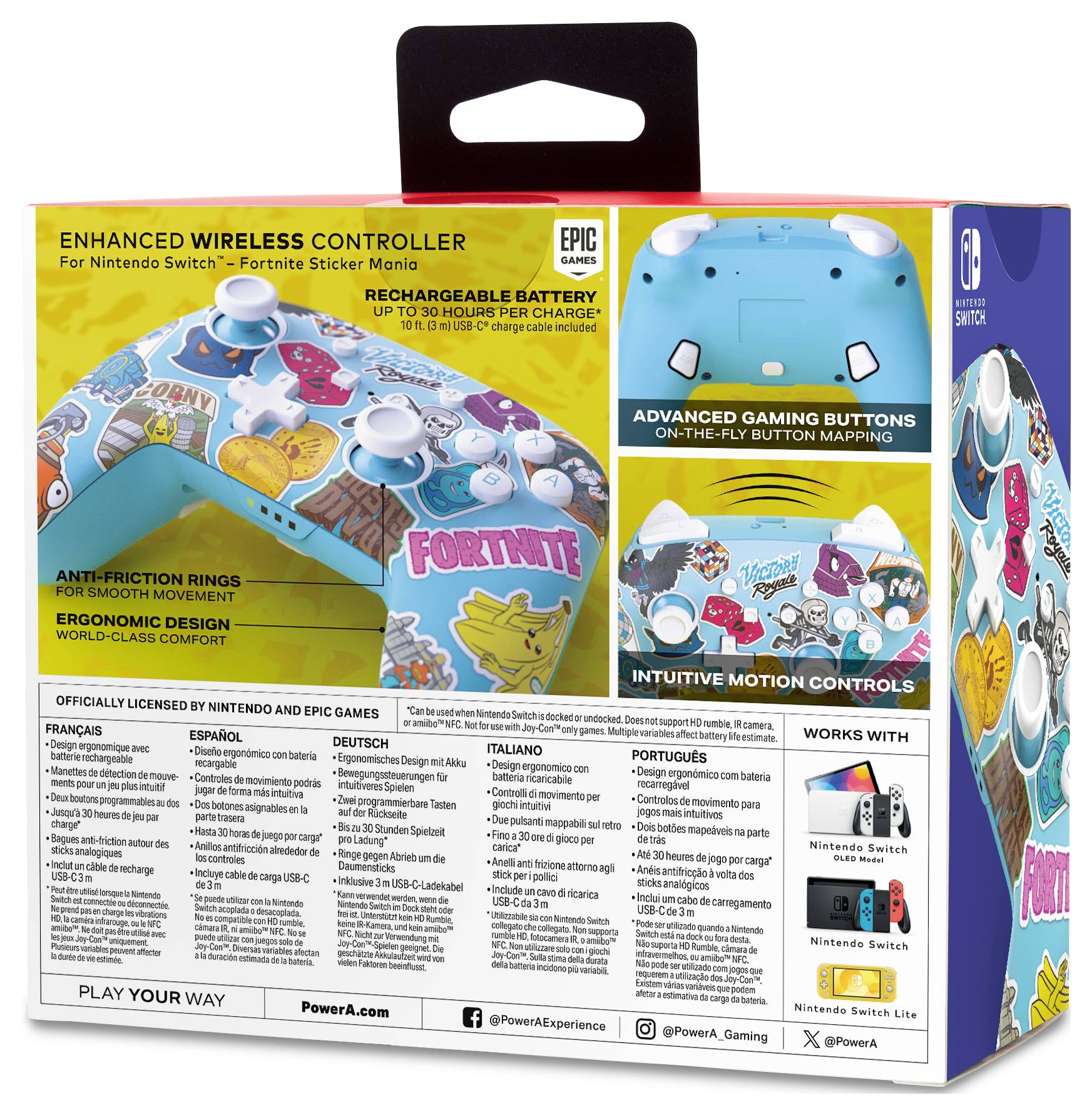 Contrôleur sans fil pour Nintendo Switch avec design 'Fortnite'. Comprend une batterie rechargeable, des commandes de mouvement et des touches personnalisables.