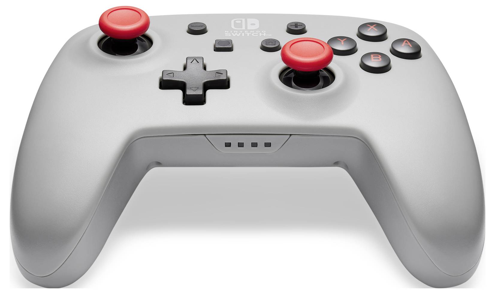 Une manette de jeu grise avec des joysticks rouges et des touches ABXY colorées, adaptée aux consoles de jeux.