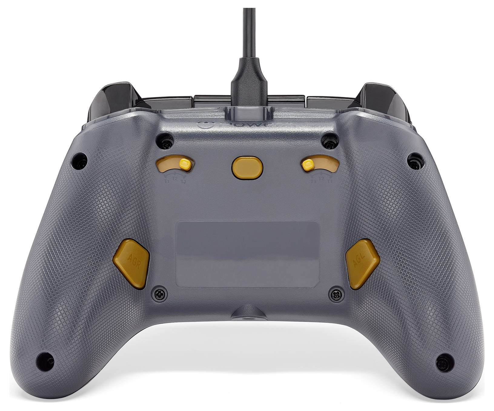 Une manette de jeu grise vue de dos, avec des boutons et un câble orange, adaptée aux consoles de jeux vidéo.