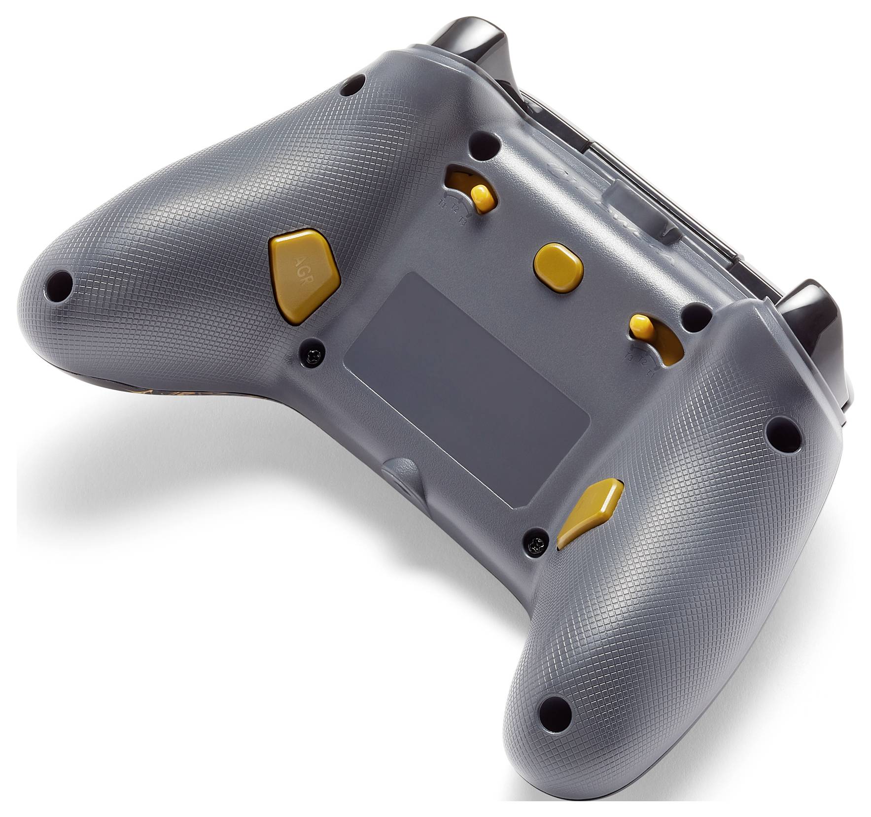 Manette de jeu grise et jaune vue de dos, montrant les poignées et la disposition des touches.