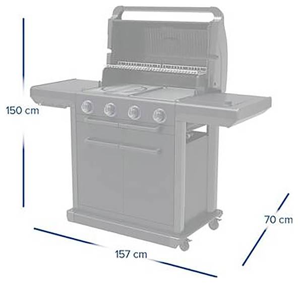 Barbecue à gaz avec quatre brûleurs, couvercle ouvert, tablettes latérales et placard de rangement inférieur. Dimensions : 150 cm de hauteur, 157 cm de largeur, 70 cm de profondeur.