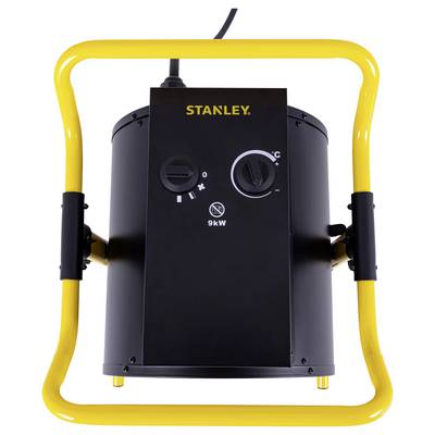 'Radiateur électrique noir avec un cadre jaune et des commandes de température réglables ; marqué de la marque Stanley avec une puissance de 9 kW.'