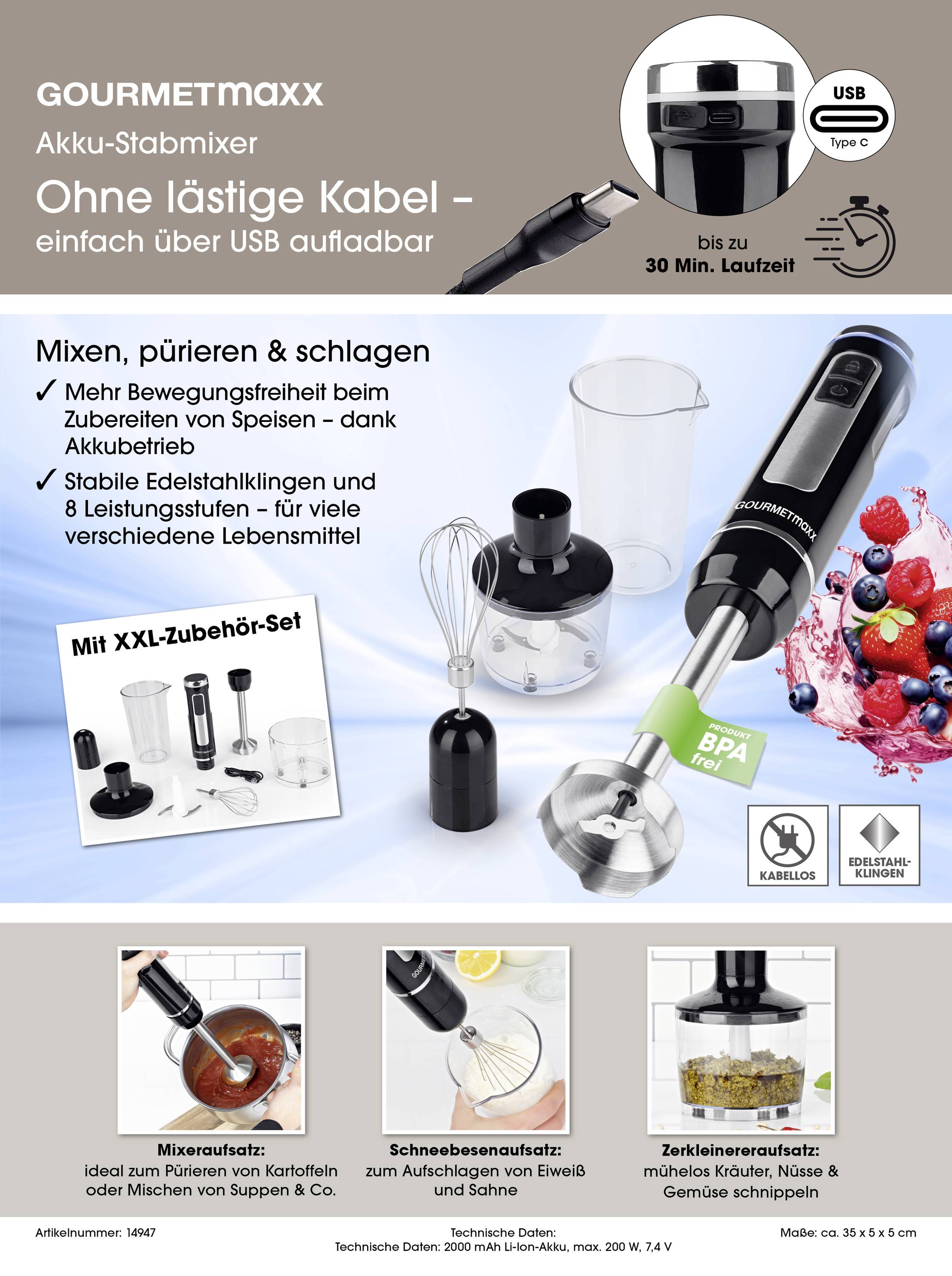 GourmetMaxx Mixeur plongeant 200 W fonctionne à piles, avec embout hâchoir, fouet , avec embout de mixeur noir, argent-18