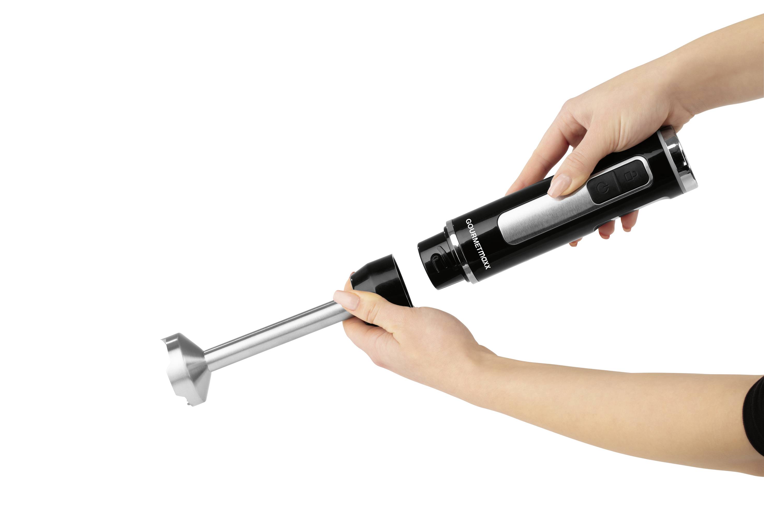 GourmetMaxx Mixeur plongeant 200 W fonctionne à piles, avec embout hâchoir, fouet , avec embout de mixeur noir, argent-12