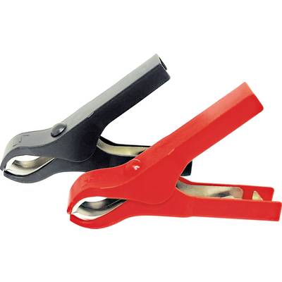 Un clip de batterie noir et un clip de batterie rouge, généralement utilisés pour connecter un chargeur à une batterie de voiture.
