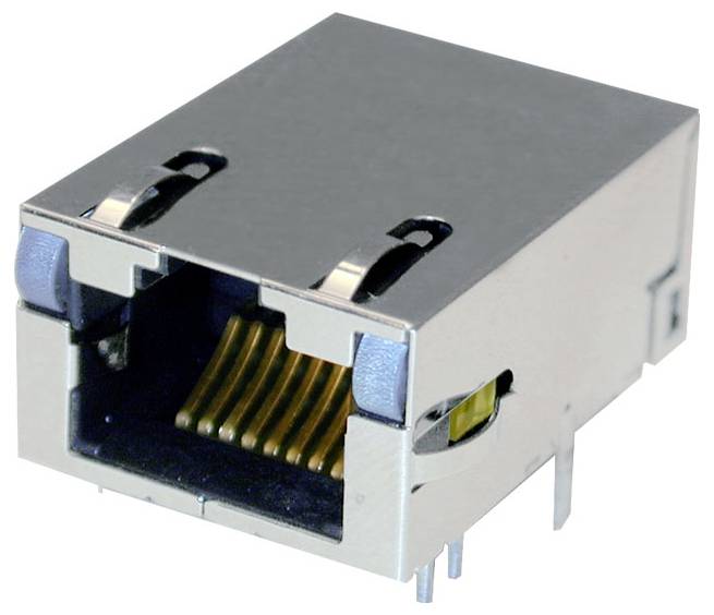 Une prise RJ45 pour câbles réseau, avec boîtier métallique et plusieurs contacts dorés visibles à l'intérieur.