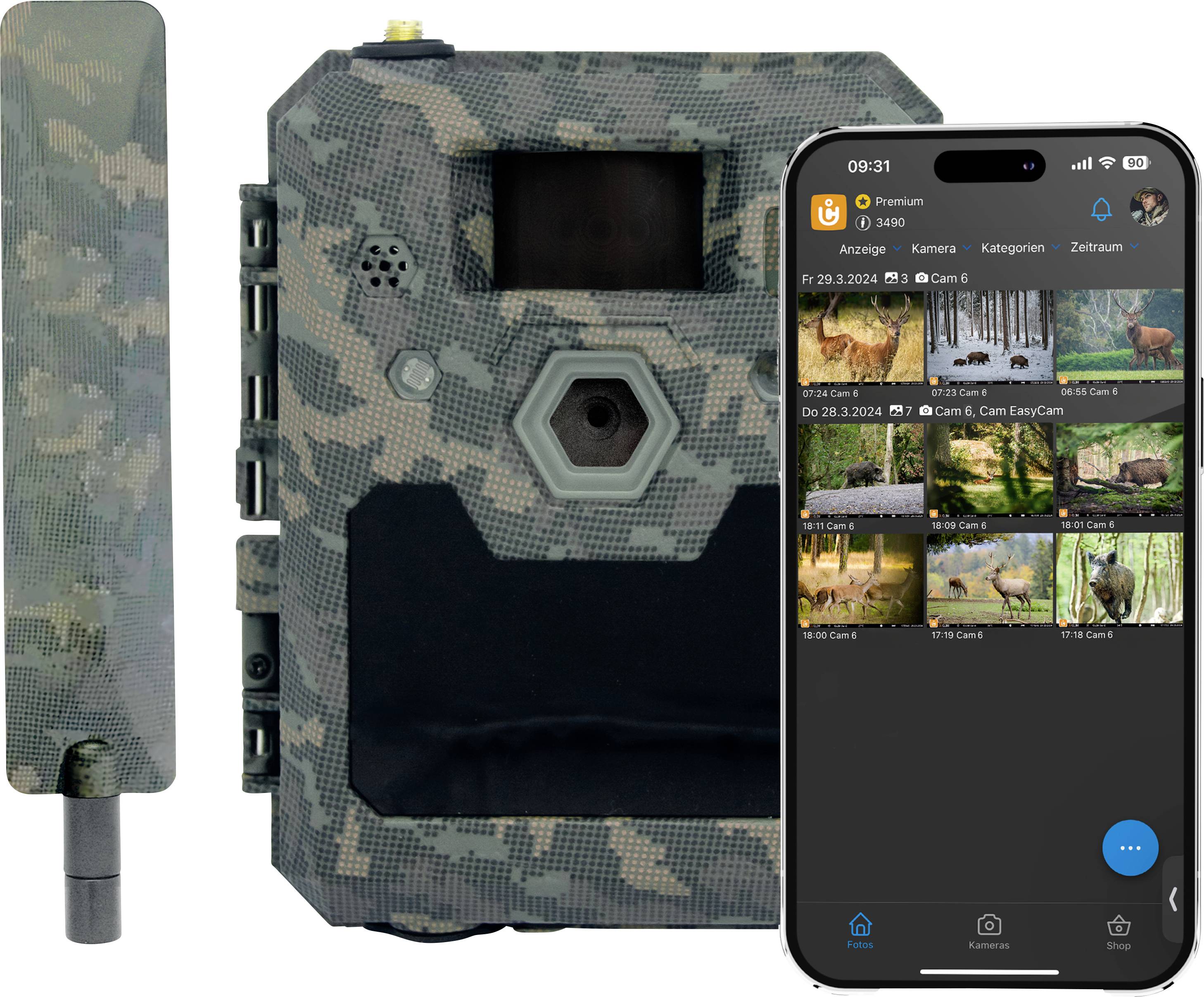Une caméra de chasse camouflée à côté d'un smartphone. Sur l'écran du smartphone s'affichent des images d'animaux prises par la caméra.
