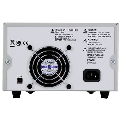 Vue arrière d'un appareil électronique avec ventilateur, port USB et connexion secteur. Contient des avertissements et des consignes de sécurité pour son utilisation.