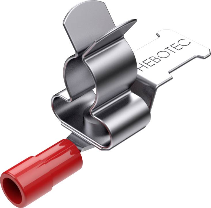Une pince métallique avec connexion rouge, utilisée pour le montage solaire. Le nom de marque 'HEBOTEC' est gravé sur la pince.