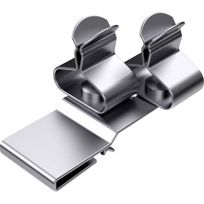 Deux trombones argentés reliés sur un petit support métallique plat, utilisés pour l'organisation ou la fixation de plusieurs documents.