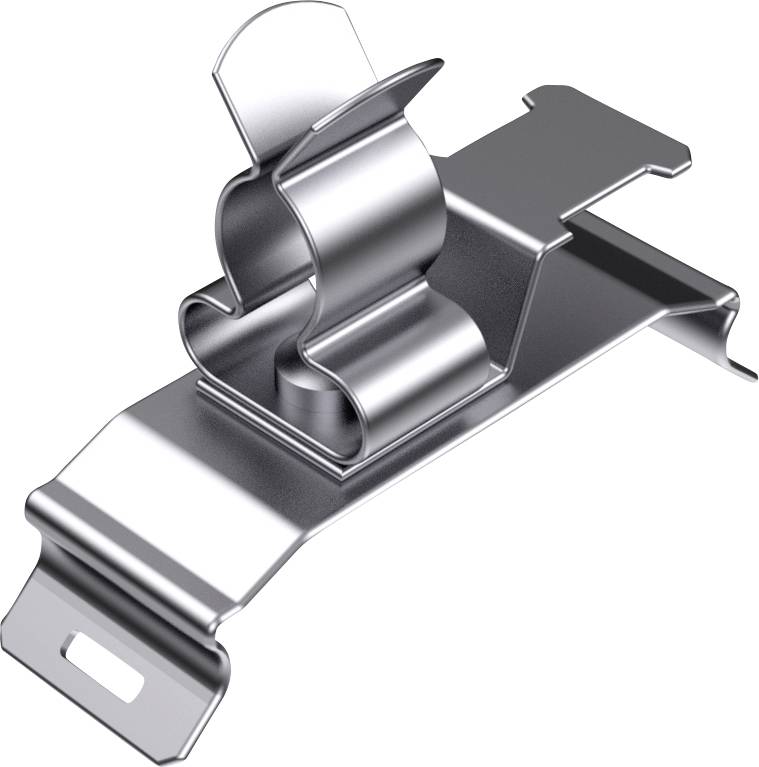 Clip métallique en argent, sur fond blanc, au design plié et avec ouverture de fixation.