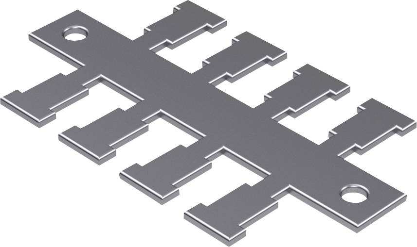 Pièce métallique grise, rectangulaire, avec des bords dentés symétriques et deux trous, probablement un composant pour des dispositifs techniques.