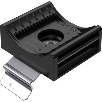 Chaussure de travail noire avec agrafe en métal argenté, utilisée pour fixer des objets sur différentes surfaces.