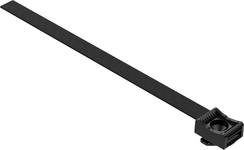 Attaches-câbles en plastique noir, de forme rectangulaire, avec une poche de fermeture nervurée à l'extrémité. Adaptés pour le regroupement des câbles.