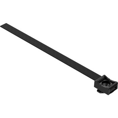 Attaches-câbles en plastique noir, de forme rectangulaire, avec une poche de fermeture nervurée à l'extrémité. Adaptés pour le regroupement des câbles.