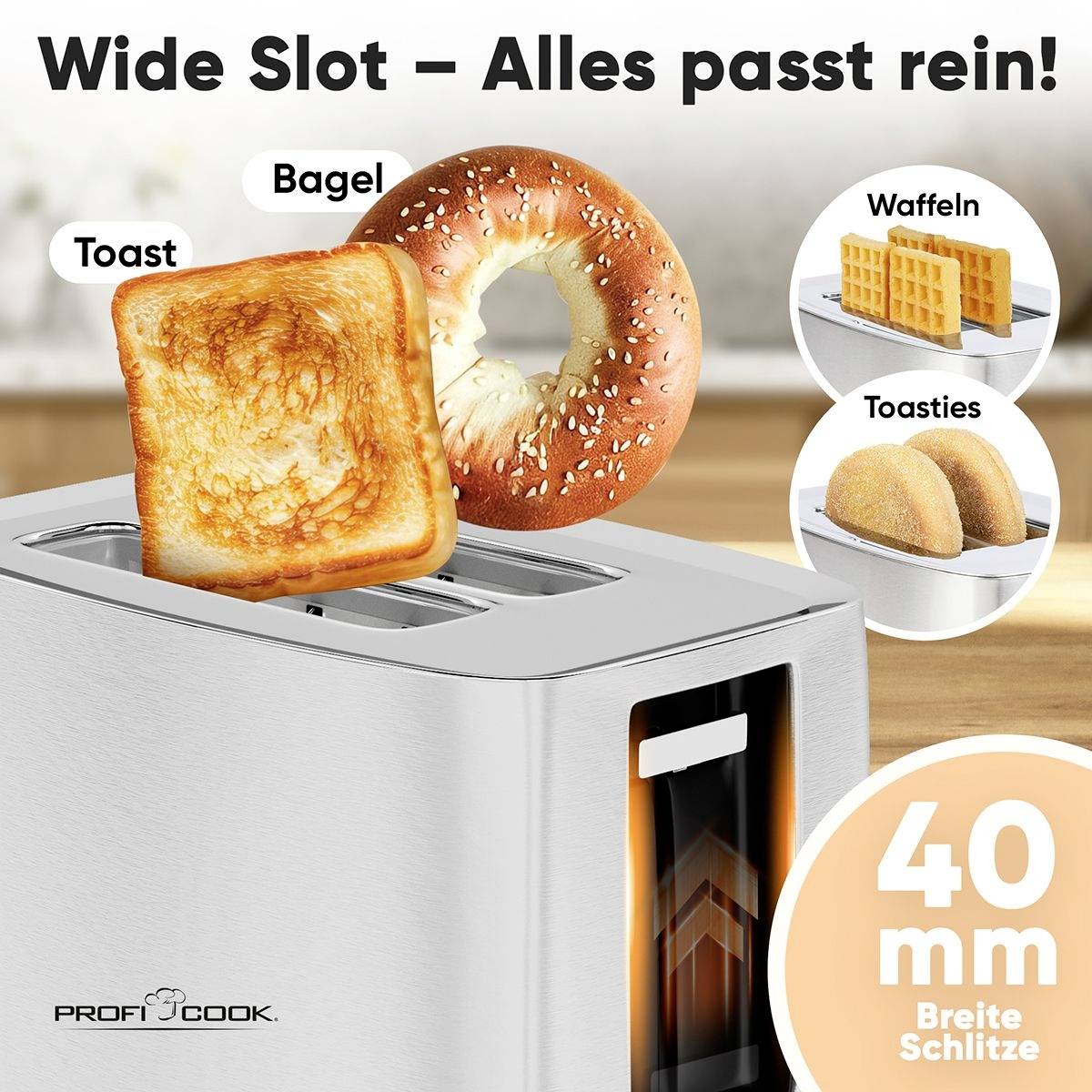 Grille-pain à large fente ; Texte 'Large Slot – Tout passe dedans !', montre du pain grillé, des bagels, des toasts et des gaufres comme types de pain compatibles.