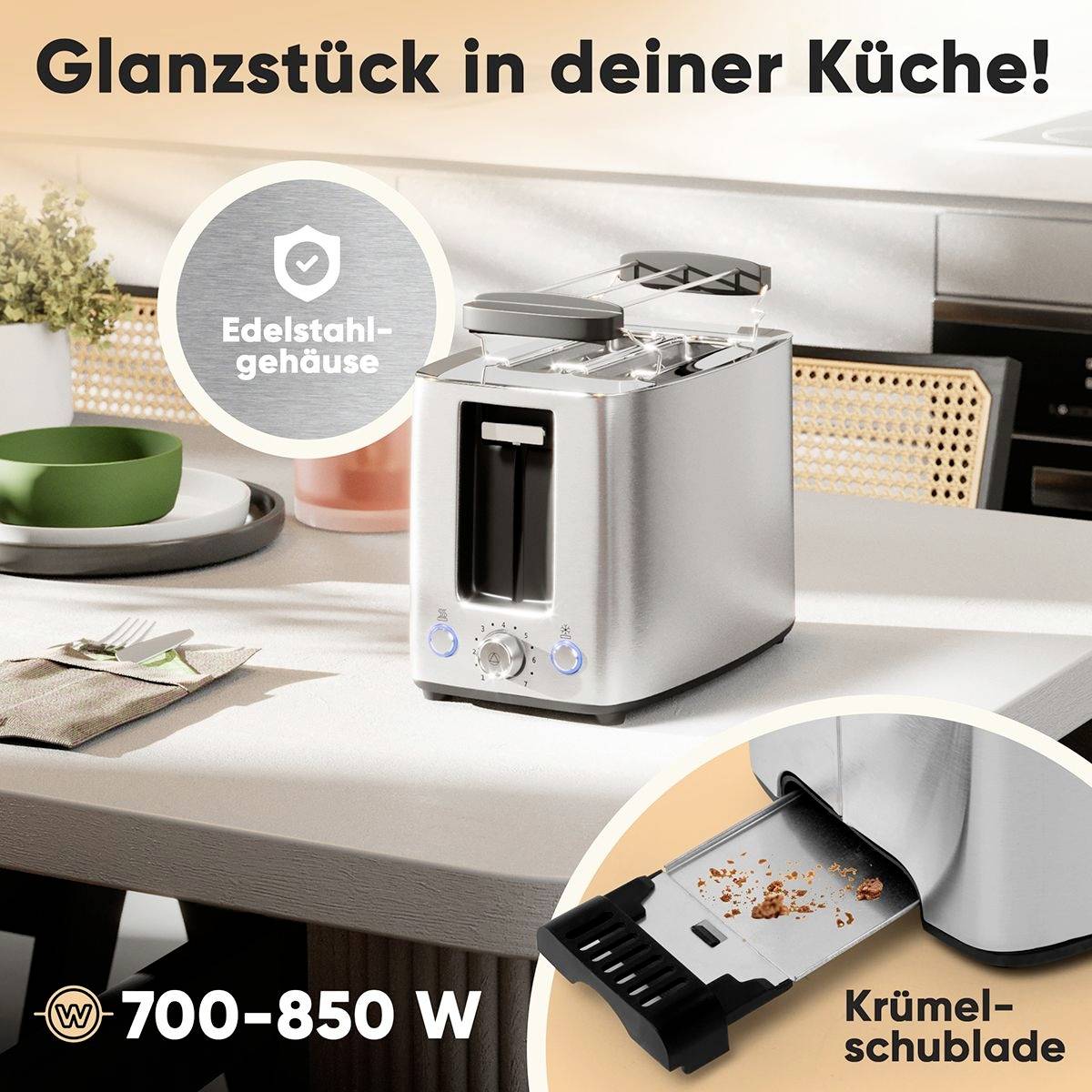 Grille-pain en acier inoxydable sur une table de cuisine. Texte : 'Pièce de caractère dans votre cuisine !' Avec tiroir à miettes et puissance de 700-850 W.