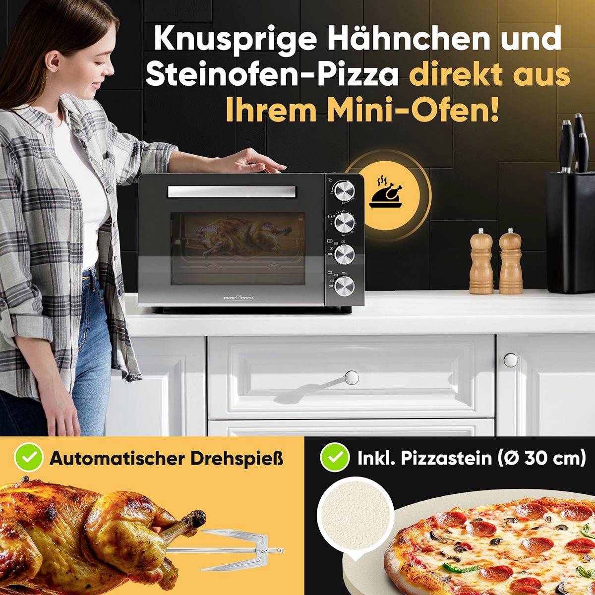 Une femme se tient dans une cuisine et regarde un four à pizza moderne. Texte : 'Poulet croustillant et pizza de four en pierre dans votre mini-four !'