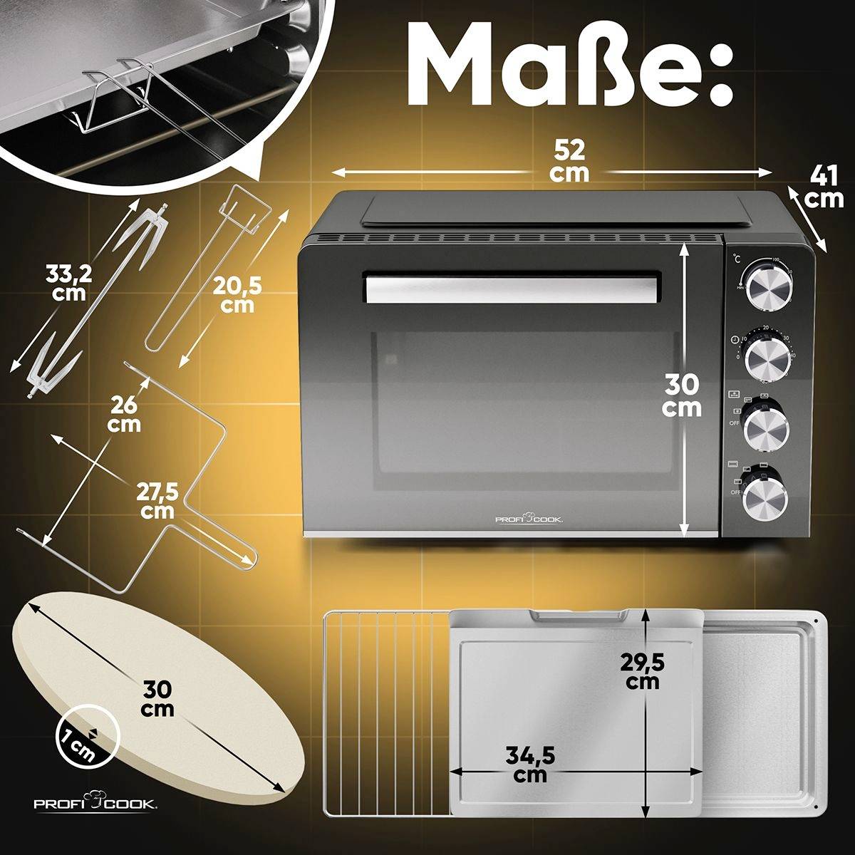 Four à micro-ondes compact avec les dimensions 52 cm de largeur, 41 cm de hauteur et 33 cm de profondeur. Comprend une grille de grill, une plaque de cuisson et un plateau tournant.